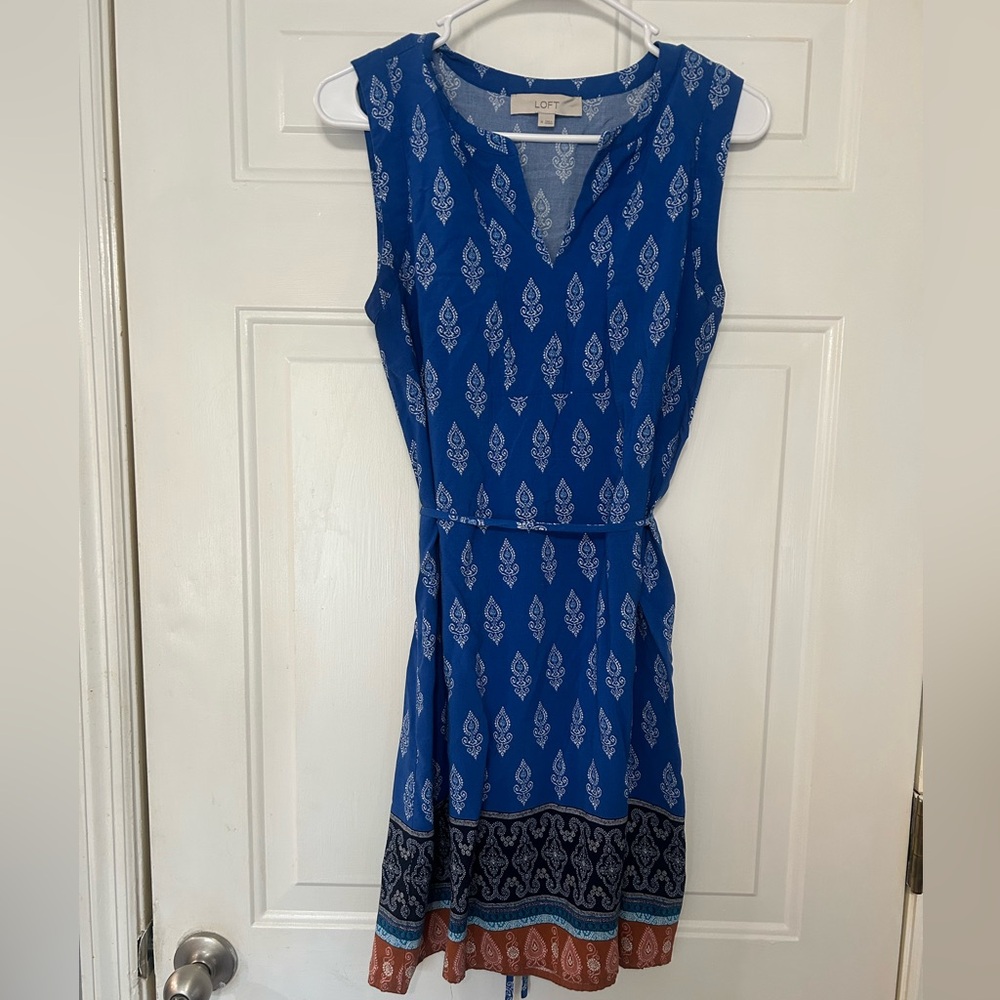 LOFT Blue and Orange Patterned Midi Dress